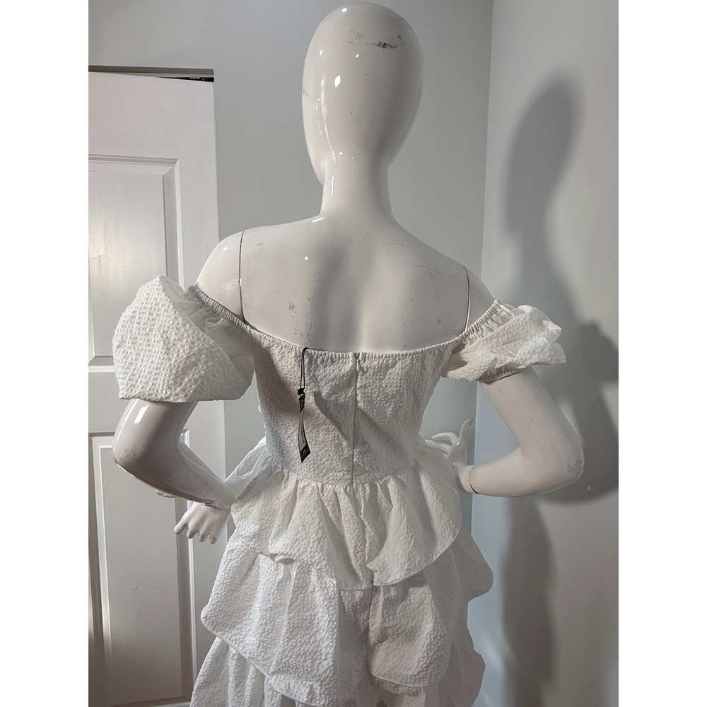 Prettylittlething White Off Shoulder Tiered Mini Dress Structured Bust Peplum 6 - Picture 9 of 10